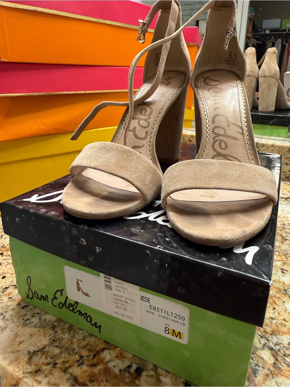Sam Edelman Taupe Suede Ankle-Strap Block Heel Sandals - Picture 2 of 5